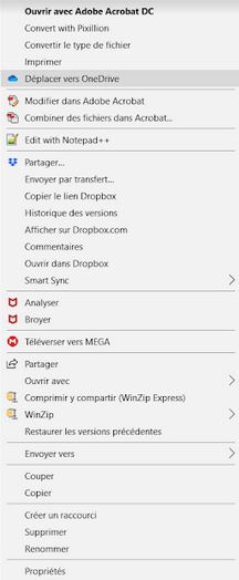 Dans les menus contextuels associés à un fichier (ici un document PDF), on trouve des éléments pour gérer les versions Cloud. Dropbox propose beaucoup d’options, Mega une et OneDrive propose de déplacer le fichier vers le Cloud. Il n’apparaît pas d’option pour Google Drive.